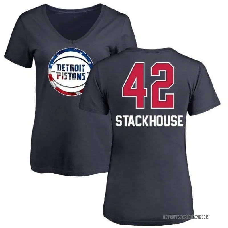 Jerry Stackhouse Women's Navy Detroit Pistons Name and Number Banner Wave V-Neck T-Shirt