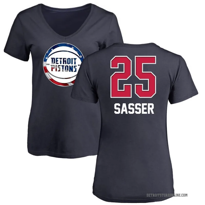 Marcus Sasser Women's Navy Detroit Pistons Name and Number Banner Wave V-Neck T-Shirt